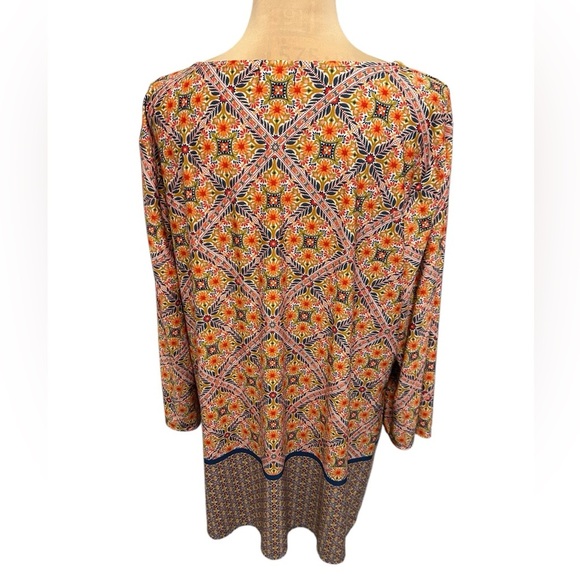 Tacera Orange Blue Floral Geometric Print Long Sleeve Tunic Stretch Top Size 2XL - Picture 4 of 10